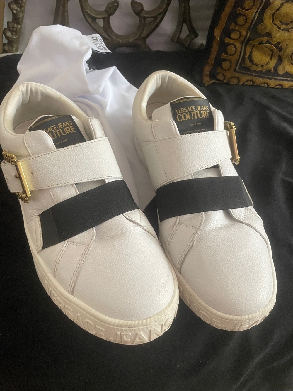 Versace Jeans Couture White Leather Sneakers with Black Elastic Strap